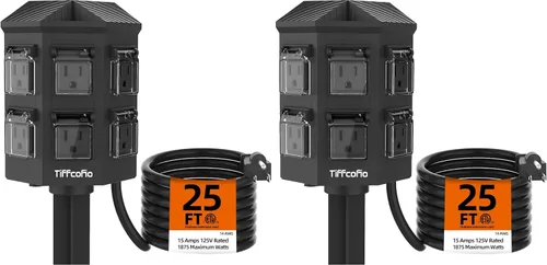Miniatura 11 de TiFFCOFiO Regleta de Alimentación para Exteriores Resistente a la Intemperie, Cable de Extensión de 25 Pies con Estaca, 6 Enchufes con Conexión a