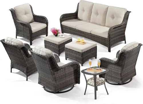 Miniatura 20 de Juego de 2 sillas de patio giratorias de 360 grados para exteriores y mesa auxiliar a juego – 3 sillas deslizantes de mimbre para patio con cojines