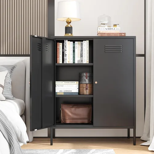 Miniatura 21 de Armario de almacenamiento de metal con 2 puertas de malla para sala de estar, hogar, hotel, oficina, garaje, cocina, 3 niveles, 2 estantes Negro