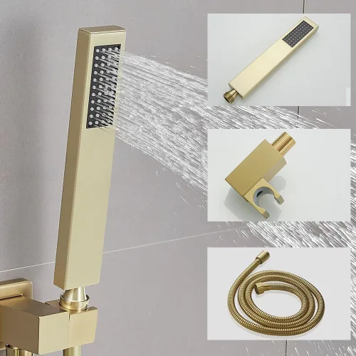 Miniatura 4 de Sistema de ducha dorado cepillado de 10 pulgadas para baño, mezclador de lluvia de lujo, juego combinado de ducha montado en la pared, cabezal