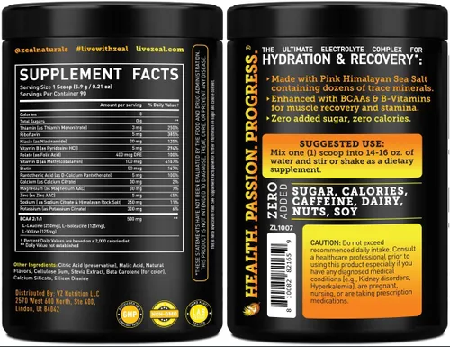 Miniatura 3 de Zeal Electrolyte Powder - 90 porciones Polvo de electrolitos Keto Cero azúcar, BCAA, vitaminas B Potasio, zinc, magnesio Bebida