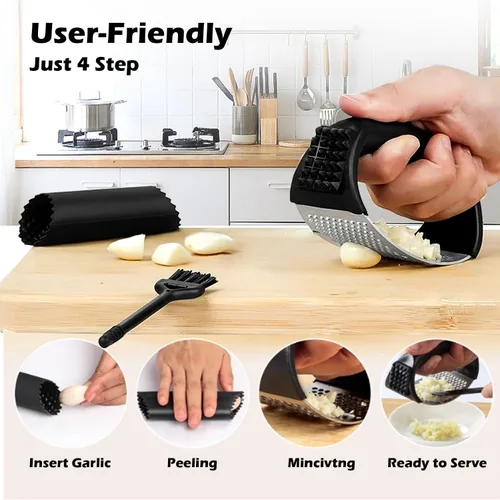Miniatura 2 de Juego de balancines de prensa de ajo de acero inoxidable con pelador de ajo y cepillo de limpieza, herramienta de picadora de ajo, accesorios