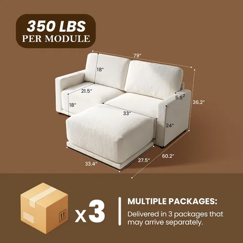 Miniatura 2 de Sofá modular de 79 pulgadas para sala de estar pequeña, sofá moderno en forma de L con otomana, juego de sofá de felpilla de 3 piezas para muebles