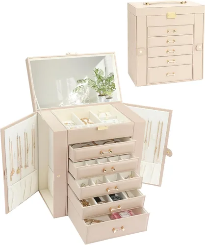 Miniatura 7 de Caja de almacenamiento de joyas, organizador de joyas con 22 ganchos para collares, caja de joyería grande para anillos, pulseras, collares, aretes