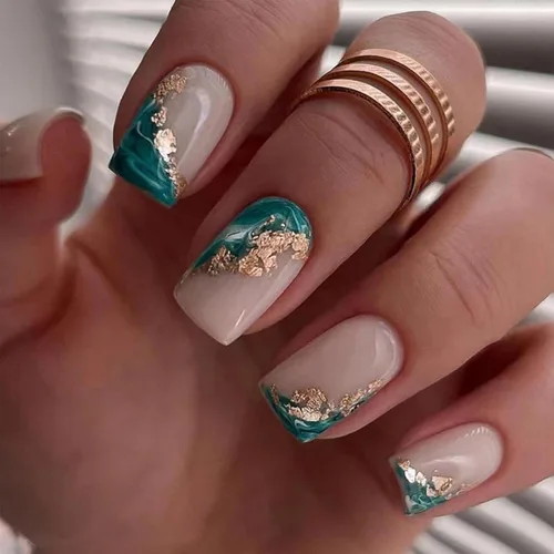 Miniatura 14 de Uñas postizas verdes a presión - Uñas falsas cortas cuadradas con purpurina dorada y diseños de remolino, acabado brillante, uñas postizas acrílicas