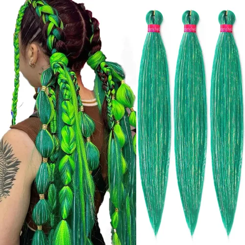 Cabello trenzado verde con lentejuelas de 26 pulgadas, preestirado, trenzas de textura Yaki, extensiones de cabello pre plumadas, 3 paquetes, fácil