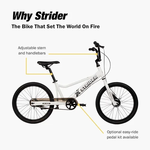 Miniatura 3 de Strider 20x, color blanco, bicicleta de equilibrio para aprender a montar para mayores de 8 años, incluye frenos de mano de tambor dobles y soporte