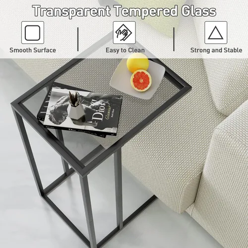 Miniatura 4 de Mesa auxiliar de cristal en C, mesa auxiliar para sofá, mesa auxiliar de vidrio templado con marco de metal, mesa de bandeja de TV para espacio Negro