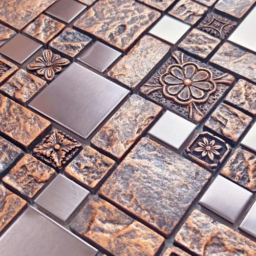 Miniatura 11 de Hominter Azulejo de mosaico de bronce y metal cepillado de resina texturizada de cobre decorativo para salpicaduras de cocina, pared de baño