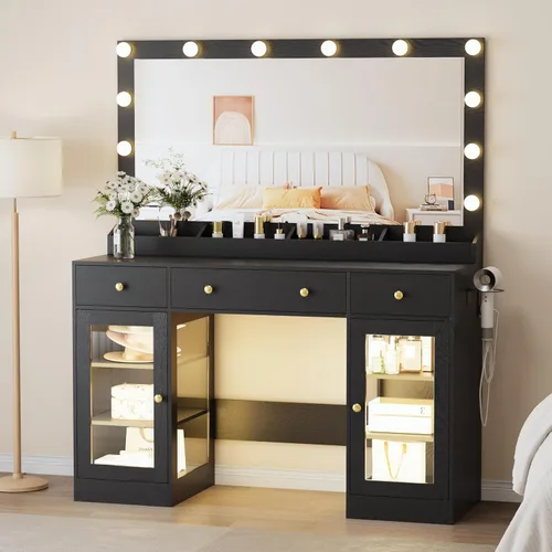 Miniatura 11 de Thacuok Tocador de maquillaje negro con espejo y luces, tocador de 34 pulgadas de ancho con estación de carga y gabinete de vidrio RGB, pequeño