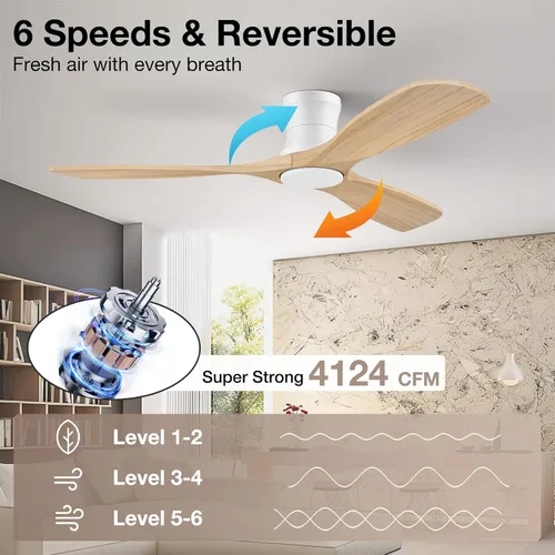 Miniatura 5 de Hoenofly - Ventilador de techo inteligente de 52" de madera con montaje empotrado, luces y control remoto, motor CC silencioso, ventilador de techo