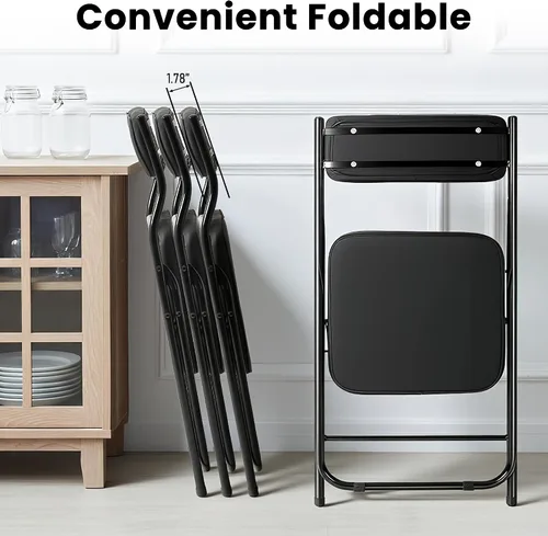 Miniatura 7 de Paquete de 2 sillas plegables acolchadas negras con cojín y respaldo de piel sintética, silla de comedor plegable tapizada con marco de metal