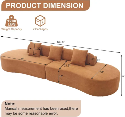 Miniatura 2 de Sofá modular curvado de 130.5 pulgadas para sala de estar, sofá de espuma sin hueso de 4 plazas con 3 almohadas, sofás de compresión para Marrón