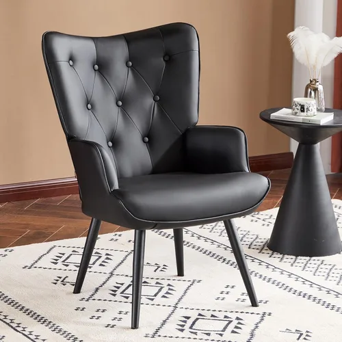 Miniatura 12 de Furniliving Silla de Acento de Terciopelo para Sala de Estar, Silla de Lectura Tapizada con Respaldo Alto, Sillón de Respaldo Alado con Botones Negro