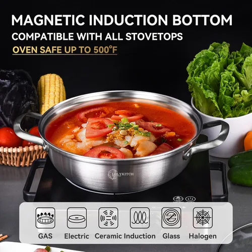 Miniatura 3 de LOLYKITCH Sartén Salteadora de Acero Inoxidable de Tres Capas de 13 Pulgadas con Tapa, Sartén para Uso Diario, Kadhai, Olla Jumbo, Olla de Inducción