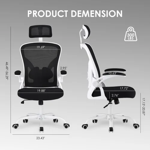 Miniatura 2 de Silla de oficina ergonómica con reposacabezas ajustable y soporte lumbar, silla de escritorio de malla de respaldo alto con reposabrazos abatibles