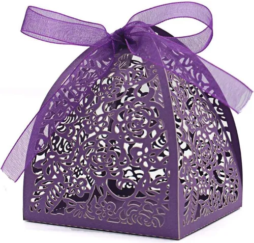 Auto-plaza 50 cajas de regalo de belleza cortadas con láser, cajas de dulces con cintas (morado)