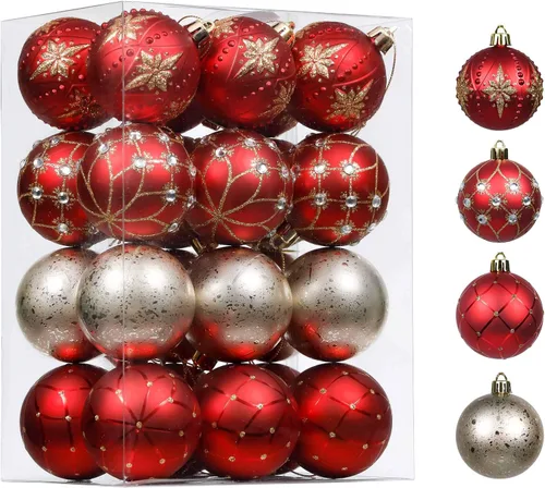 Valery Madelyn Adornos para árboles de Navidad, 24 quilates, color rojo y dorado, decoración de árbol de Navidad inastillable, 2.36 pulgadas,