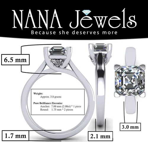 Miniatura 2 de NANA Jewels Anillo de compromiso Lucita solitario de 1.50-3.00 quilates corte Asscher de plata de ley con circonita pura brillante