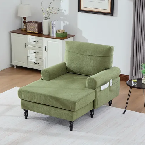 Miniatura 6 de Moderno sofá reclinable individual de tela de chenilla, patas de madera con cómodo respaldo y reposabrazos, bolsillos laterales para sala de estar