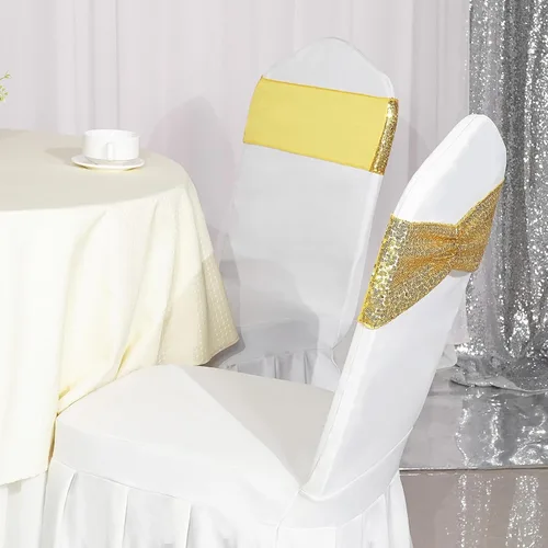 Miniatura 6 de SquarPie - Paquete de 50 bandas para silla, de elastano elástico dorado, lazos de lentejuelas unilaterales para decoración de bodas, fiestas