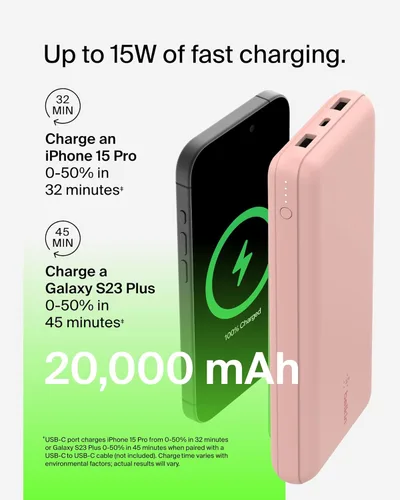 Miniatura 8 de Belkin Cargador portátil, banco de energía USB C de 20000 mAh con 1 puerto USB-C y 2 puertos USB-A, 15 W con cable tipo A a tipo C - iPhone 17, Air