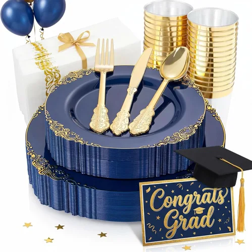 Nervure 175 piezas de vajilla de plástico azul - Juego de vajilla de plástico azul dorado desechable incluye 50 platos para cena y postre, 25 Azul