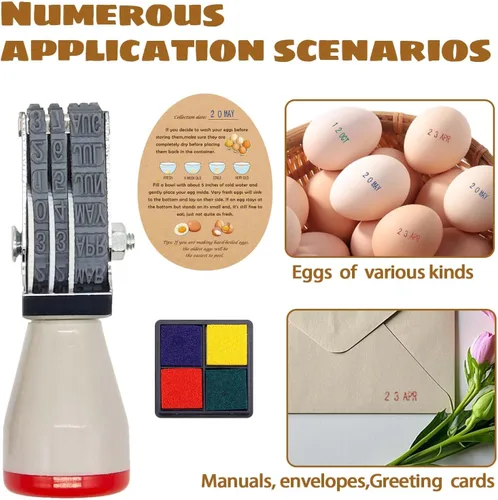 Miniatura 6 de Sellos de fecha de huevo para huevos frescos, con una almohadilla de tinta de cuatro colores, 50 Instrucciones de huevos frescos de granja, Kit