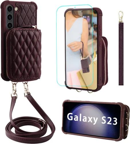 MONASAY Funda tipo cartera con cremallera para Galaxy S23, 6.1 pulgadas [bloqueo RFID], funda de cuero con tarjetero y correa cruzada para el Borgoña