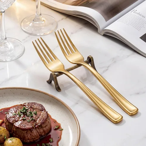 Miniatura 5 de WDF 100 tenedores de plástico dorado – Tenedores resistentes y duraderos desechables de 7.4 pulgadas – Elegantes tenedores dorados para postre