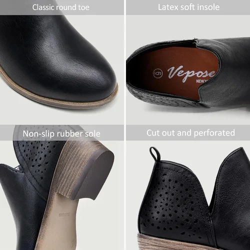Miniatura 4 de VEPOSE botas al tobillo para mujer con tacón bajo y grueso, con perforaciones, botas de vaquero