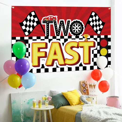 Miniatura 5 de Cartel grande de 2º cumpleaños para niños con dos decoraciones rápidas, cartel grande de 2º cumpleaños con temática de carreras, cartel