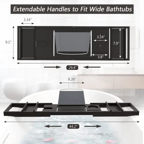 Miniatura 3 de Domax - Bandeja para tina de bambú extensible para baño de lujo, con soporte para libros y jabonera separada, color negro