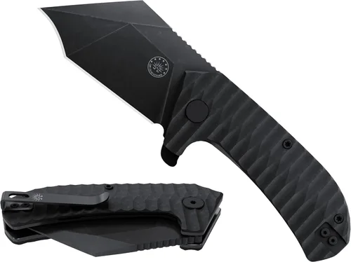 Off-Grid Knives - Cuchillo plegable Raptor EDC con acero D2 negro pulido, empuñadura G10 adhesiva, rodamientos, transporte profundo izquierdo y