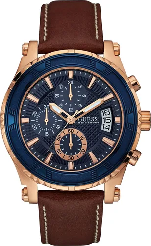 Guess Hombre piel café y Rose Gold-Tone Reloj Deportivo