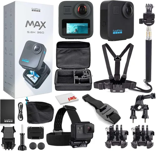 GoPro MAX 360 HD Video Cámara de acción impermeable (2025) - con kit de accesorios - Video esférico HD 5.6K30 - Sistema de montaje 1/4-20 Batería de
