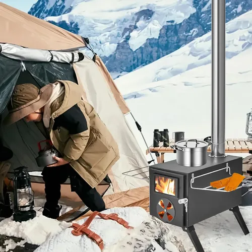 Miniatura 8 de Estufa de leña portátil, estufa plegable para tienda de campaña caliente, estufa de leña con chimenea, sin fugas de humo y fácil de instalar