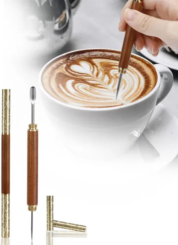 1 bolígrafo de arte latte con mango de palisandro, aguja de café de acero inoxidable 304 y mini cuchara para esculpir, tapa de latón vintage,