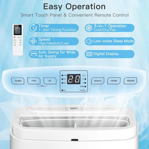 Miniatura 4 de PETSITE Aire acondicionado portátil 9000 BTU, unidad de refrigeración de unidad de CA 3 en 1 con deshumidificador y modos de ventilador