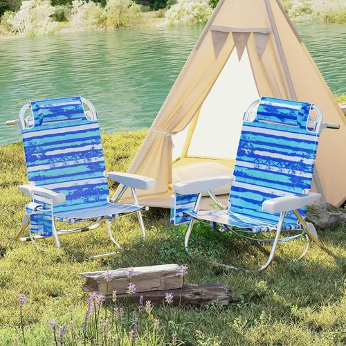 Miniatura 9 de Giantex Silla de playa tipo mochila, silla de camping plegable con 5 posiciones ajustables, soporte para tazas, bolsillos de almacenamiento