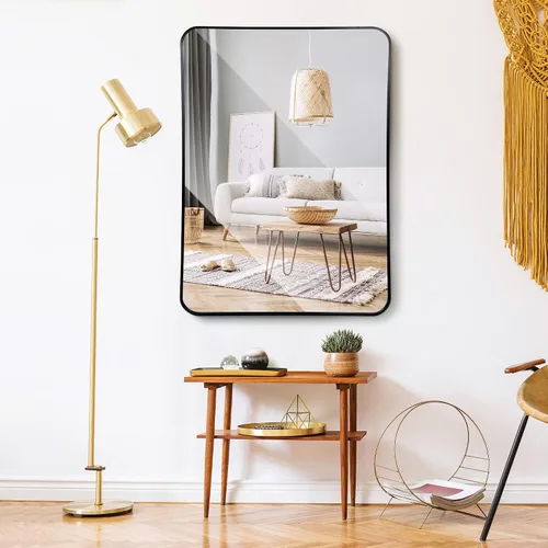 Miniatura 6 de Super Deal Espejo de pared negro de 24 x 36 pulgadas para baño, marco de metal de acero inoxidable con esquina redondeada, espejos rectangulares