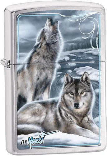 Miniatura 14 de Encendedores Zippo Lobo Emblema de lobo y cráneo cromado cepillado