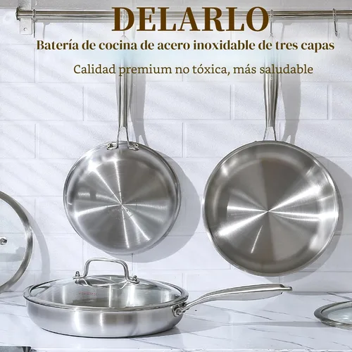 Miniatura 7 de DELARLO Sartén de inducción de acero inoxidable tricapa de cuerpo entero para la cocina, 12 pulgadas, de acero inoxidable, sartén apta para horno