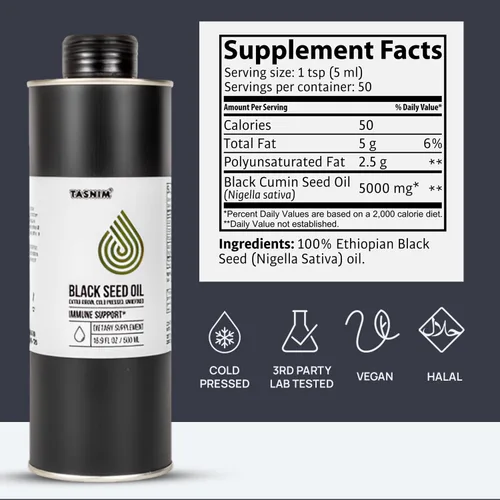 Miniatura 5 de Tasnim Aceite de semilla negra (35.27 fl oz) Prensado en frío para apoyo inmunológico (21% timoquinona) Piel y cabello