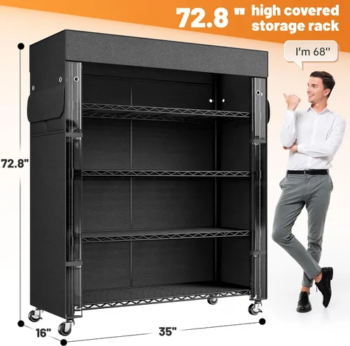 Miniatura 3 de REIBII Estantes de almacenamiento de 72.8 pulgadas de alto con cubierta y ruedas, estantería de alambre de metal resistente para despensa, cocina