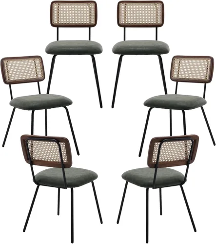 Miniatura 11 de Juego de 2 sillas de comedor de ratán, sillas de comedor de caña tapizadas de sherpa negro con respaldo de ratán, sillas de comedor tejidas
