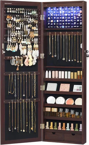 Miniatura 68 de Songmics - UJJC93W - Armario para joyas que se puede cerrar con llave, de montaje en pared o puerta, con espejo de 6 luces LED, para organización