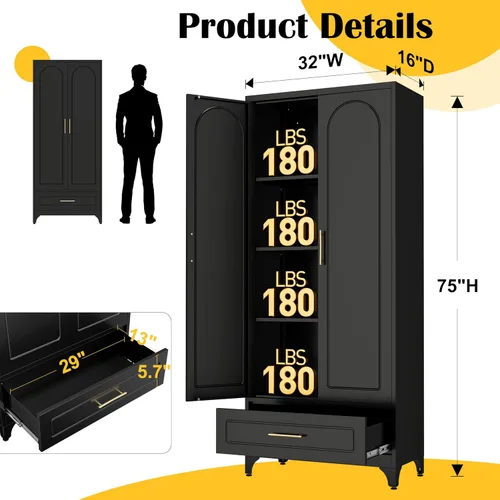 Miniatura 3 de SteeLoong - Gabinete de almacenamiento de metal con cajones, gabinetes de despensa negros de 75 pulgadas para almacenamiento de cocina con 3