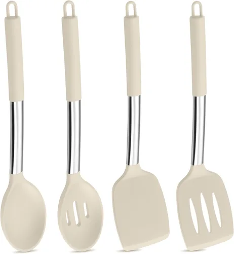 P&P CHEF Juego de 4 utensilios de cocina de color caqui, espátulas sólidas de silicona, cucharas ranuradas para utensilios de cocina antiadherentes,