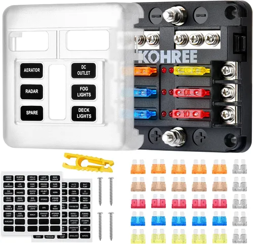 Kohree Bloque de fusibles de hoja de 6 vías de 12 V 12 V impermeable, soporte de caja de fusibles de 6 circuitos con caja de fusibles de bus